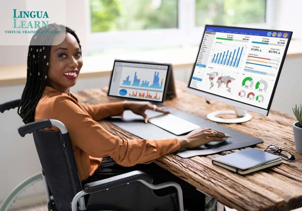 a woman in wheelchair using a computer