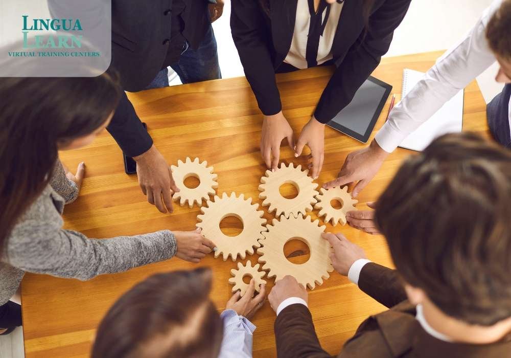 a group of people embling gears on a table